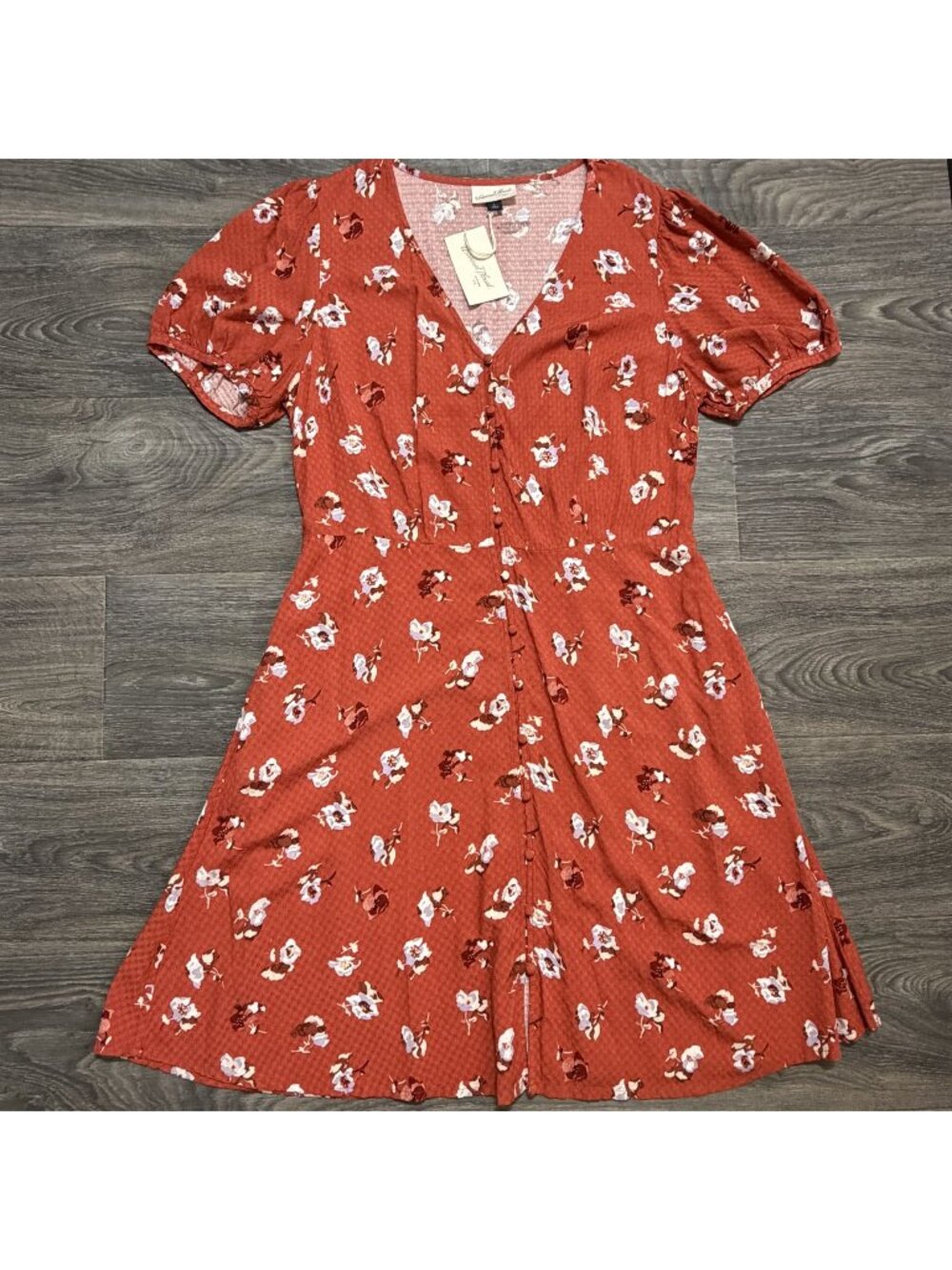 NEW Universal Thread Floral Print Dress Large Rust Red Puff Sleeve Button Front